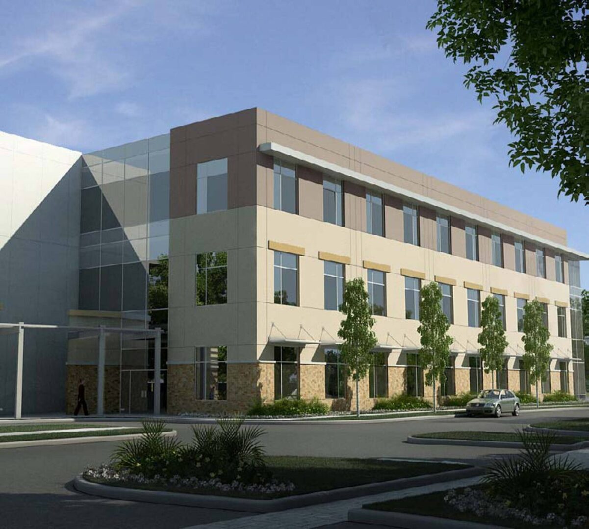 A rendering of the exterior of an office building.