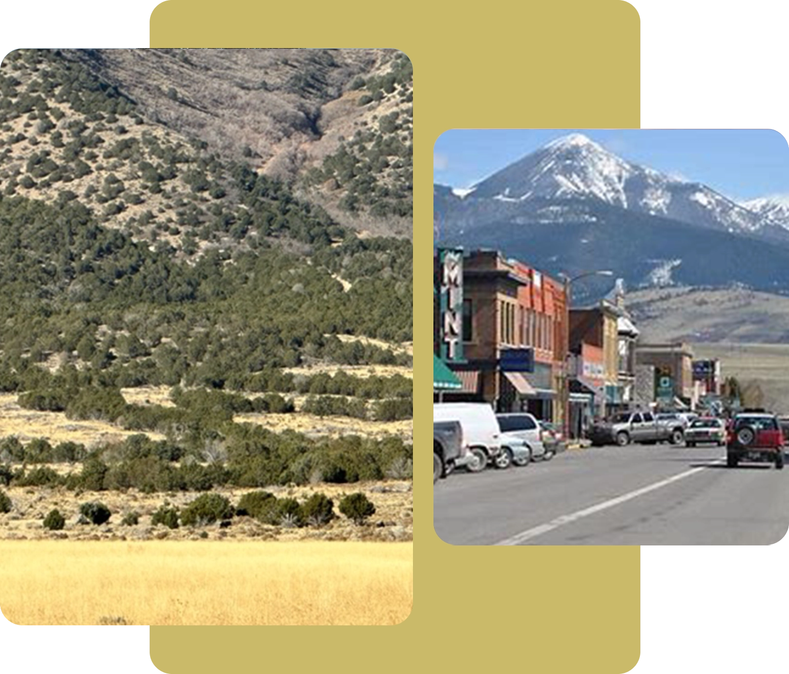 A collage of two different pictures with mountains in the background.