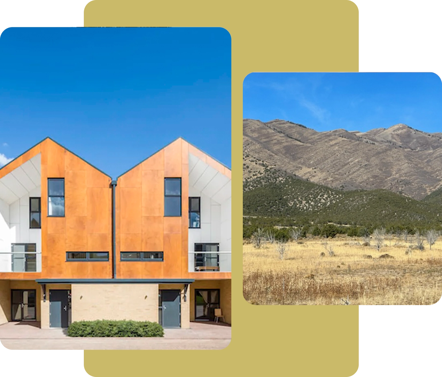 A collage of two different houses with mountains in the background.