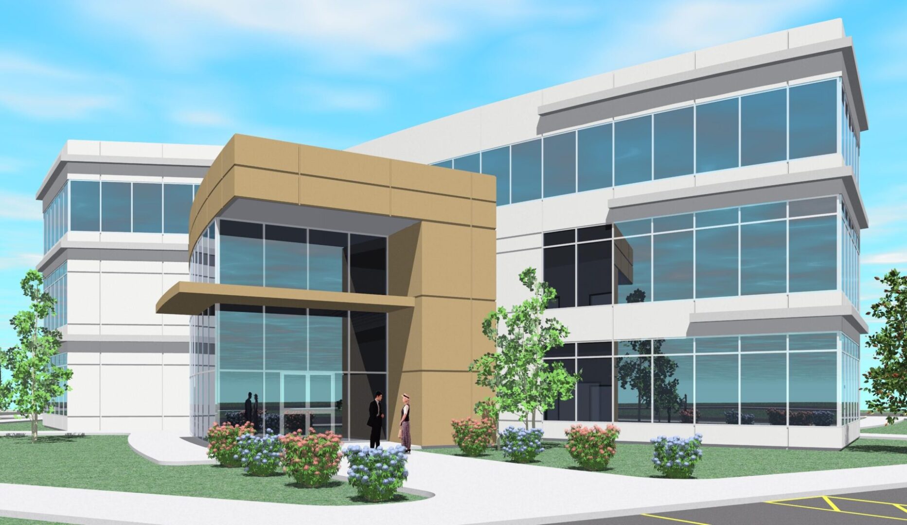 A rendering of the exterior of an office building.