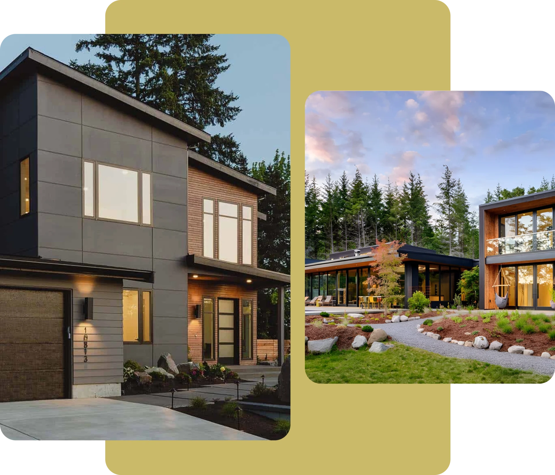 A collage of two different houses with trees in the background