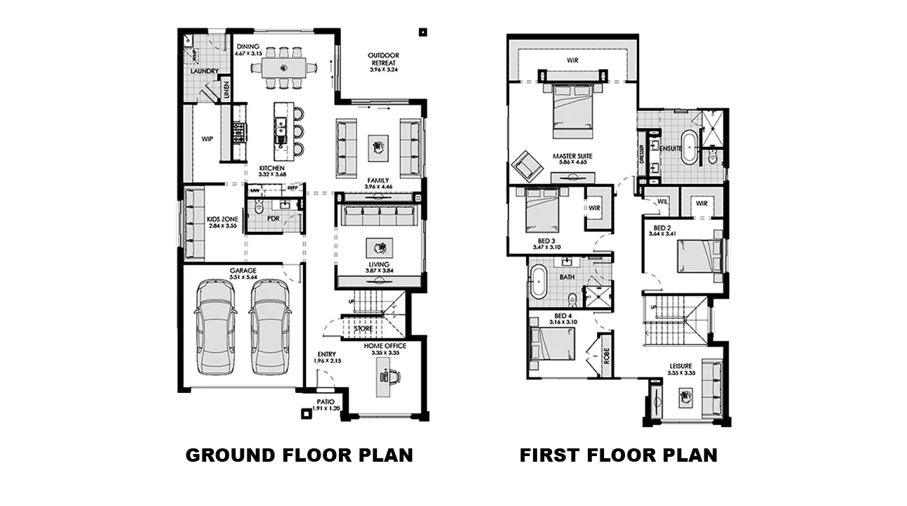 A floor plan of two different houses with the ground and first floors.