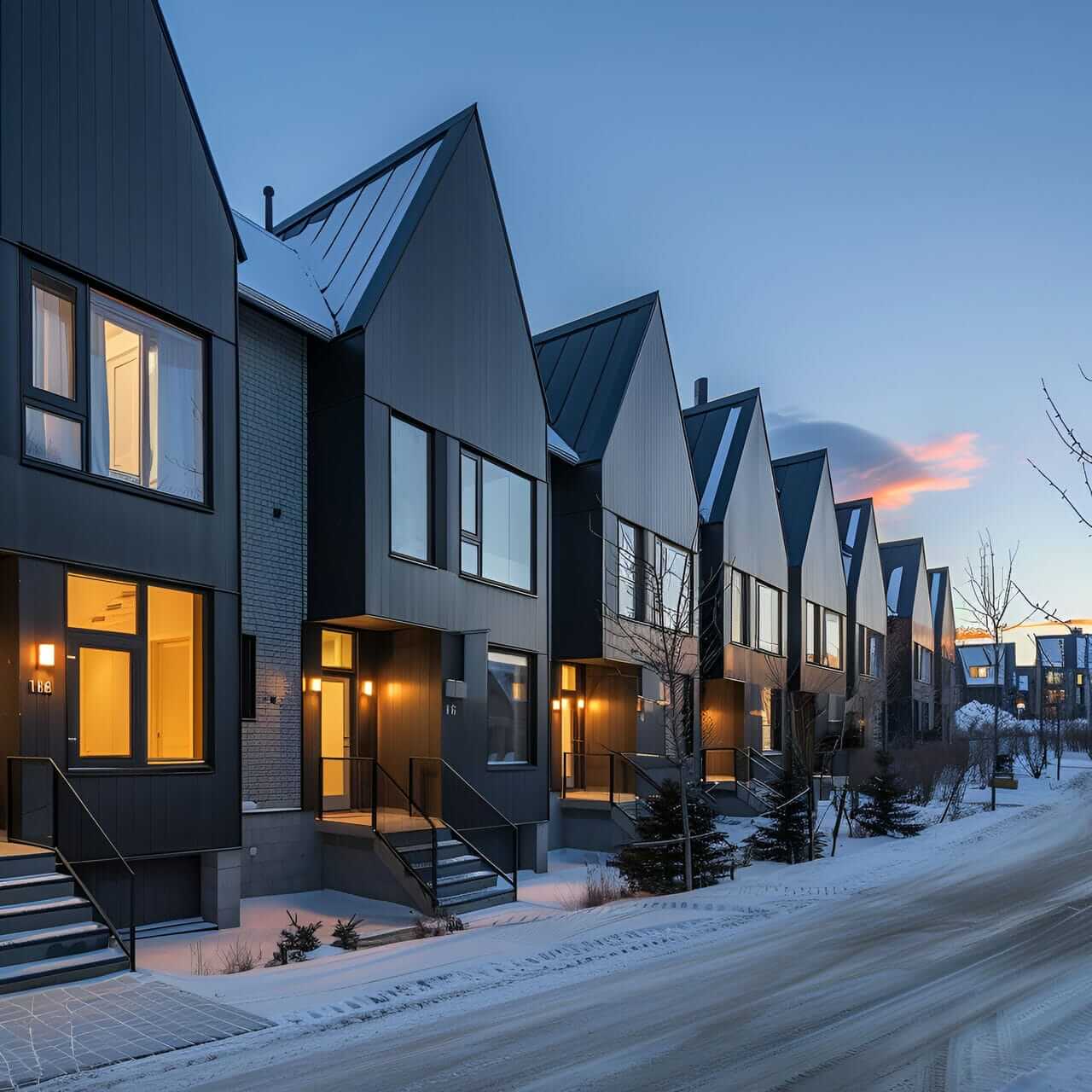 A row of houses on the side of a street.