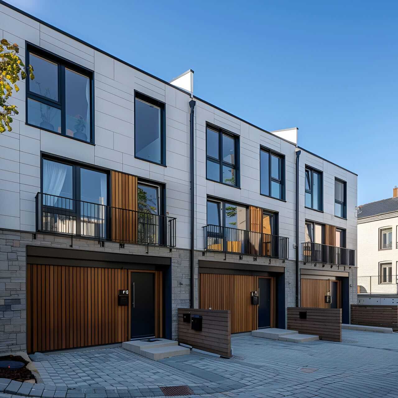 A row of houses with wooden doors and windows.