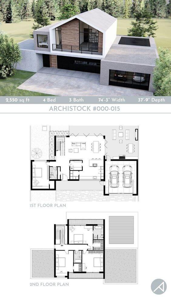 A floor plan of an architectural design with two stories.