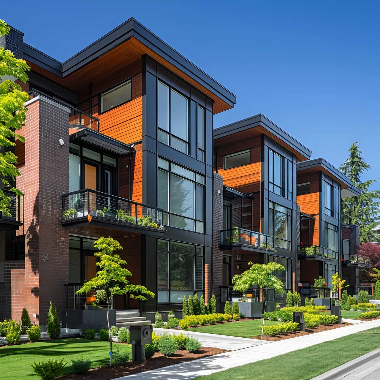 A row of houses with trees and bushes around them.