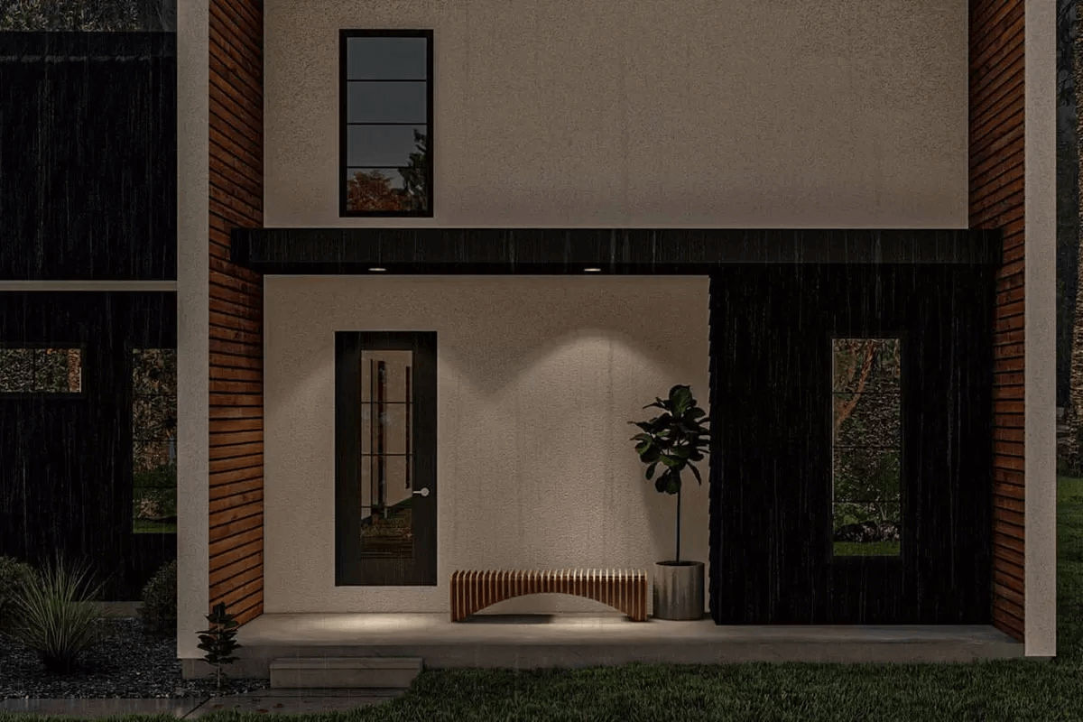 A rendering of the front entrance to a house.