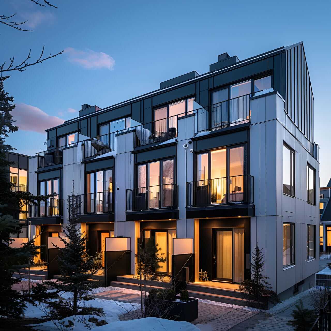 A row of houses with windows lit up at night.