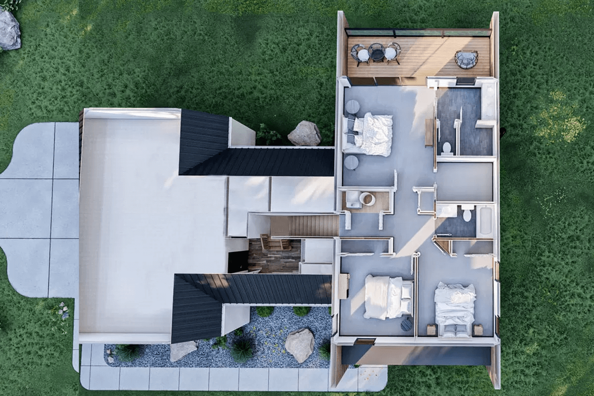 A 3 d rendering of an aerial view of a house.