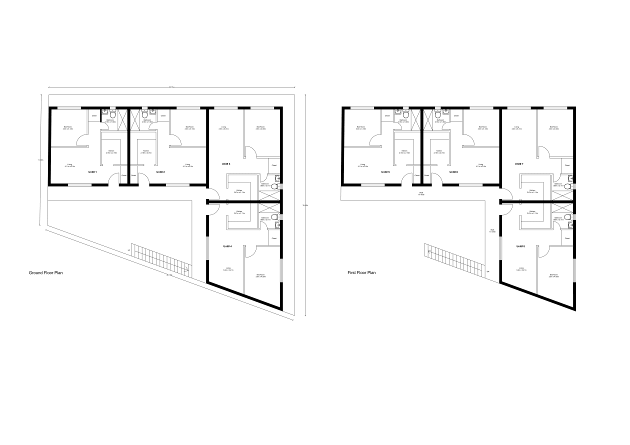 A floor plan of two different types of buildings.