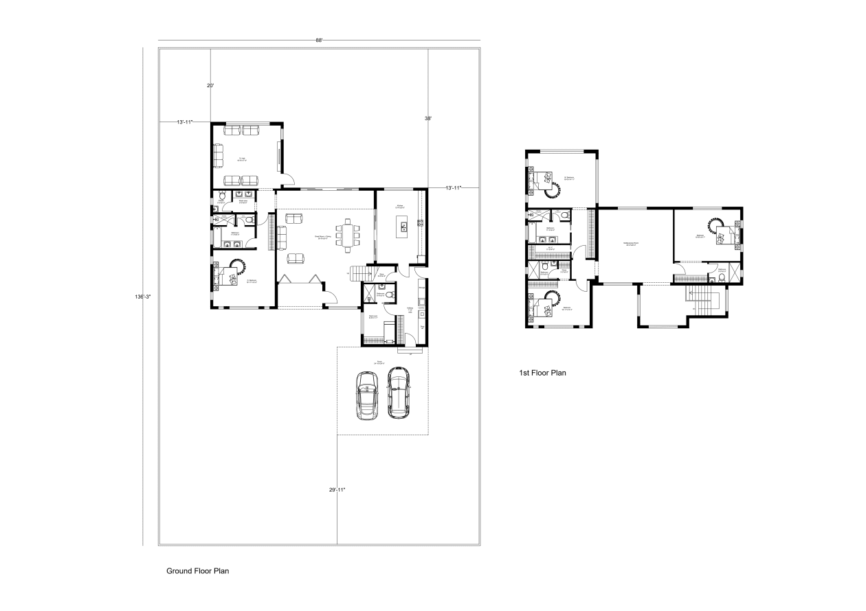 A floor plan of a house with two cars parked in front.