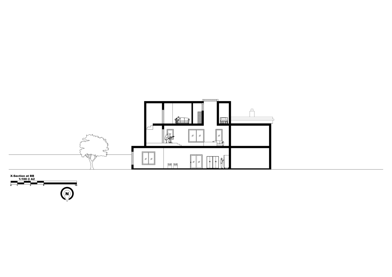 A drawing of the side of a house with trees in front.