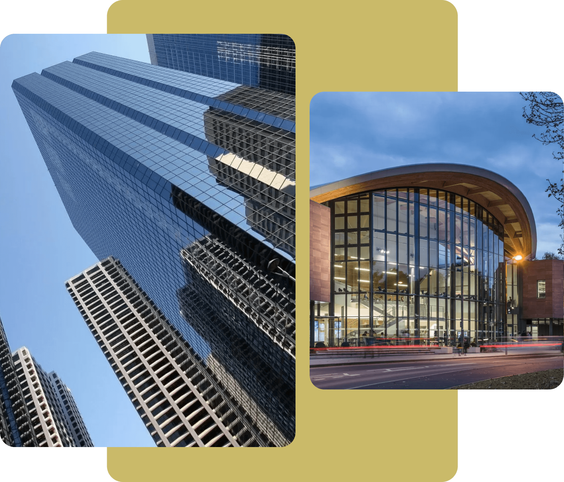 A collage of two different buildings with one building in the background.