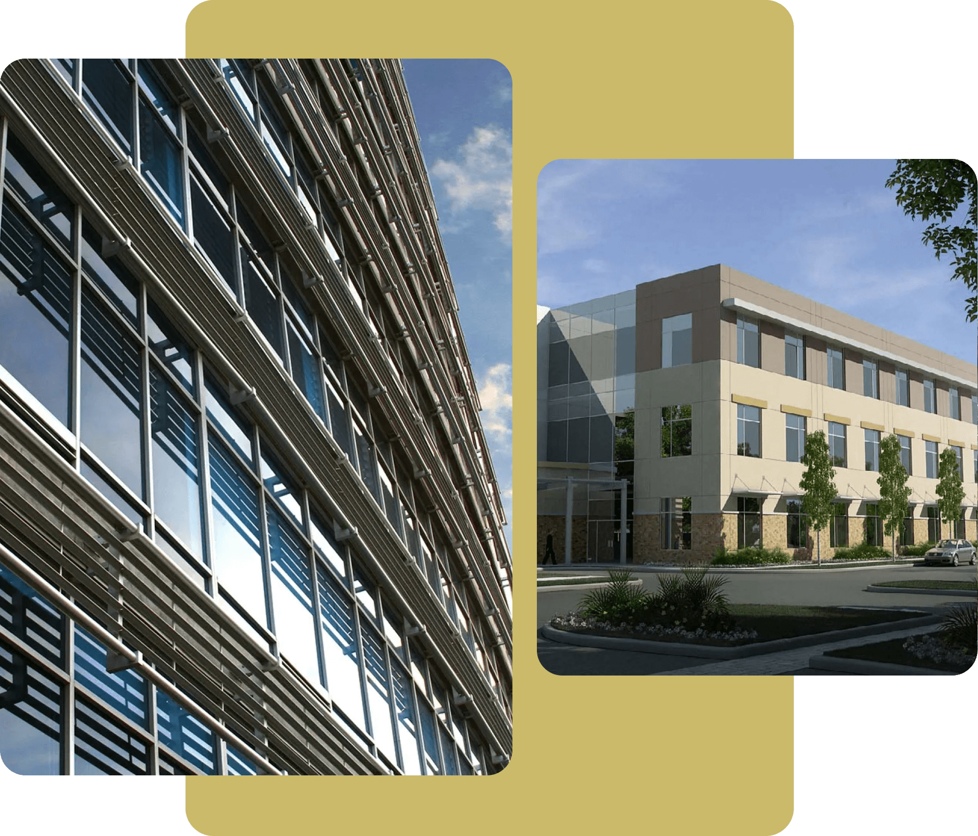 A building with many windows and some trees